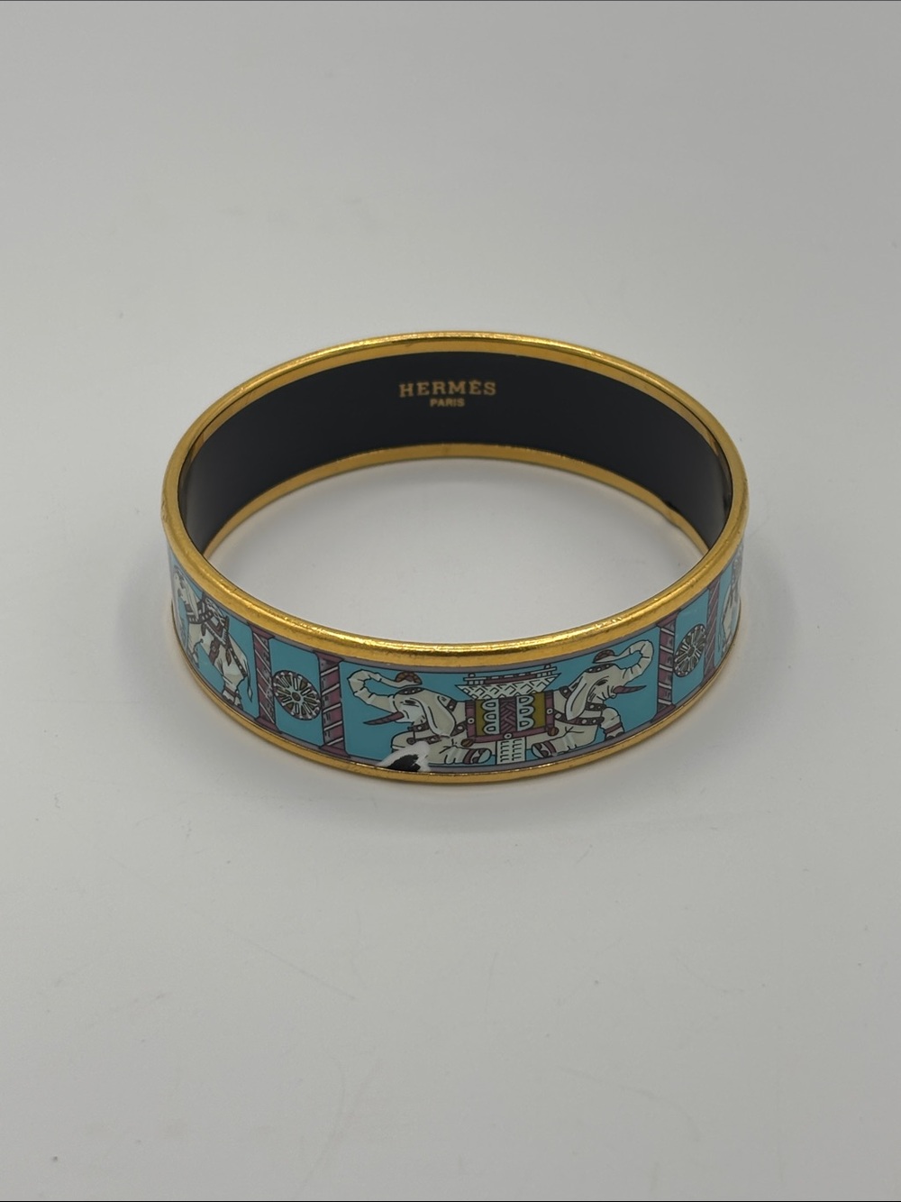 Vintage Hermès Enamel Printed Elephant Torana Wide Bracelet